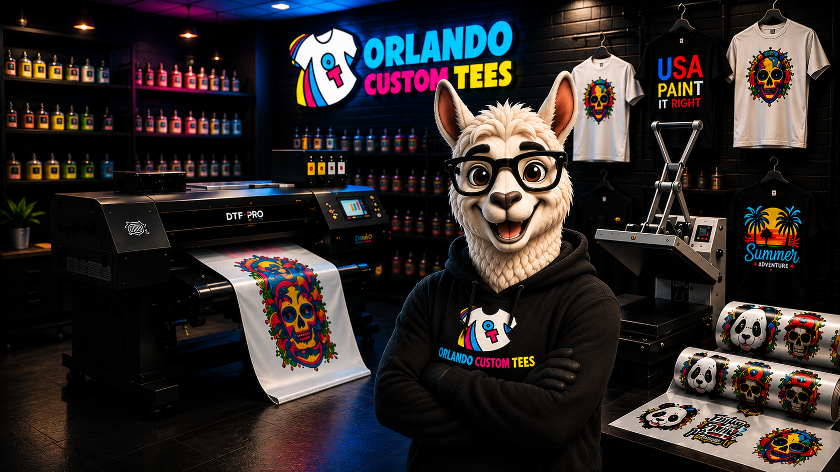 Orlando Custom Tees print shop with mascot